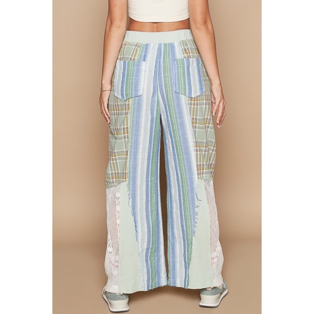 POL Blue & Green Washed Cotton Plaid with Stripes Lace Leg Pants - Picture 6 of 8